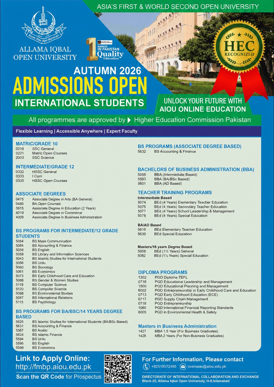 Admission notice for Allama Iqbal Open University AIOU Islamabad
